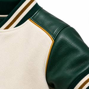 Men's Green Wool/Polyester Varsity <b>Jacket</b> <b>Fleece</b> <b>Lined</b> Crew Neck Preppy Streetwear Winter Wear Color Blocking Embroidery - Product Image 5