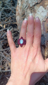 Rainbow Moonstone Macrame <b>Ring</b> Handmade Adjustable Burgundy Cord Boho Gemstone <b>Statement</b> <b>Ring</b> for Women - Product Image 3