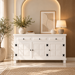 Buffet en bois de style campagnard avec trois tiroirs de rangement et portes décoratives pour les intérieurs rustiques - Product Image 4