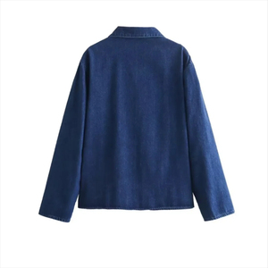 Chemise en jean délavé pour femme, style vintage, tissée, mode hiver, à revers, avec nœud décoratif, manches longues et poches, décontractée - Product Image 2