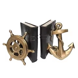 Juego de sujetalibros náuticos con acabado en latón, ancla y timón, decoración de escritorio metálica, estilo costero, 2 piezas, para el hogar u oficina - Product Image 1