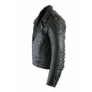 Chaqueta de Cuero de Oveja Negra para Hombre Estilo Rock Punk con Tachuelas y Detalles de Lona - Product Image 3