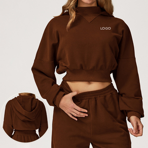 Sweat-shirt à capuche court en tricot marron pour femme, manches longues, coupe ample, vêtements de sport pour la course à pied et le fitness - Product Image 1