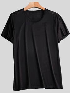 T-shirt en tricot respirant à manches courtes et col rond pour homme, coupe classique, couleur unie, décontracté, 100% polyester - Product Image 1