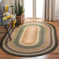 Oval Braided Jute Area <b>Rug</b> Striped Farmhouse Style Non-Slip Rubber Backing Living Room Floor Mat Flat Pile <b>Thin</b> Weave - Product Image 3