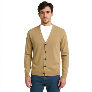 Cardigan en tricot uni à col en V pour homme, manches longues, boutonné, pull décontracté coupe ajustée, automne-hiver, kaki, tricot pour homme - Product Image 1