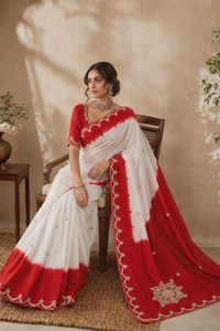 CHOHAN TEXTILE Custom Vintage Floor-Length Wedding <b>Red</b> White Organza <b>Saree</b> Handwork Border Designer Indian Bridal Women Party - Product Image 4