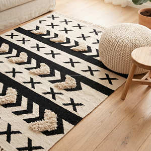 Hand Tufted Striped Boho Area Rug Rectangle Black White Plush Bohemian Style Wool Non-Slip Bedroom Floor Rug - Product Image 3