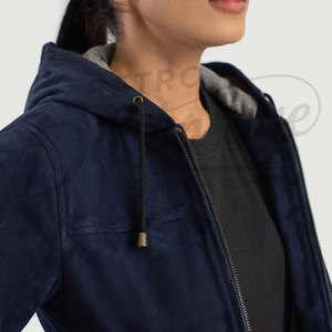 Women Navy Blue Genuine Suede <b>Leather</b> Hooded Bomber <b>Jacket</b> Slim Fit Premium Goat Suede Casual Winter Outerwear Fashion Coat - Product Image 6