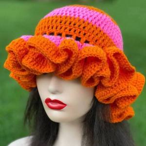 Y2K Fashion Handmade Crochet Bucket <b>Hat</b> for Women Rainbow Ruffle Knitted <b>Hat</b> for Casual Outdoor Party Travel Daily Use - Product Image 6