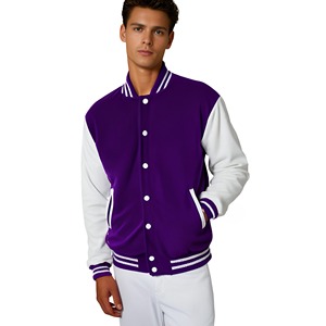 Men's <b>Purple</b> White <b>Varsity</b> <b>Jacket</b> Cotton Polyester Solid Color Button Front Turn-down Collar Regular Fit Autumn Style - Product Image 5