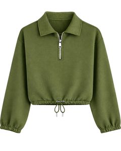 Sweat-shirt court zippé vert olive personnalisé pour femme, pull décontracté avec cordon de serrage à l'ourlet, en molleton doux coton-polyester, haut d'hiver - Product Image 1