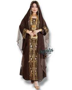 Awais House Brown Embroidered Polyester Plus Size Abaya Long Sleeve Floor Length Solid Elegant Wedding Dress Women Traditional - Product Image 3