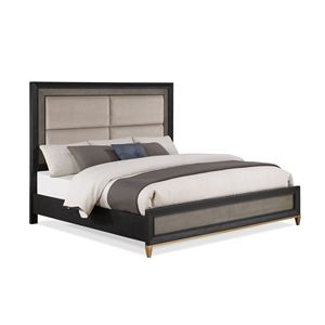 Letto matrimoniale Queen Size con pannello imbottito in legno massello, finitura nero-marrone e gambe dorate, mobili per camera da letto - Product Image 2