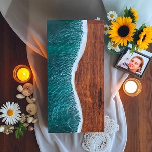 Urna Funeraria Artesanal de Madera de Palisandro con Resina de Ola Oceánica, Recuerdo Conmemorativo - Product Image 6