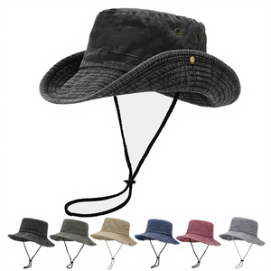 Chapeau Bob de Pêcheur Vintage en Coton Lavé Tendance avec Logo Brodé 3D, Bord Large, Style Rétro Vieilli, pour l'Extérieur, avec Cordon - Product Image 5
