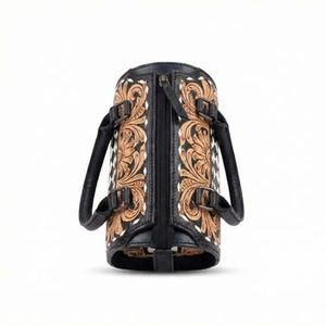 Hermosas y Atractivas Bolsas de Cuero Genuino al 100% con Diseño Floral Tallado en Blanco y Negro con Patrón a Cuadros - Product Image 2