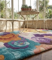 Tapis rectangulaire en laine à motif floral avec poils doux et envers antidérapant en caoutchouc pour salon, style bohème