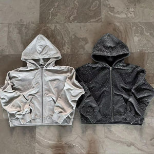 Sudadera con capucha de alta calidad para hombre, estilo vintage, 420G, con cremallera frontal completa y logo de Jesús con pedrería, venta al por mayor - Product Image 4