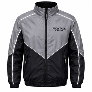 Unisex Embroidery Jacket Waterproof Gray Black Color Blocking Stand Collar <b>Covered</b> <b>Button</b> Closure Polyester Winter Wear Front - Product Image 2