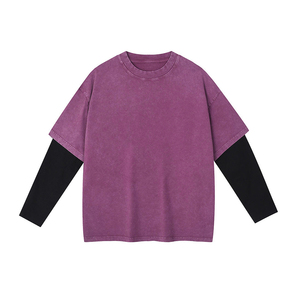 เสื้อยืดคอกลมแขนยาวทรงโอเวอร์ไซส์สองชั้น สีม่วงดำ ล้างสีแบบแอซิดวอช คุณภาพสูงระดับมืออาชีพ ผลิตจากผ้าฝ้าย สำหรับผู้ชาย - Product Image 1