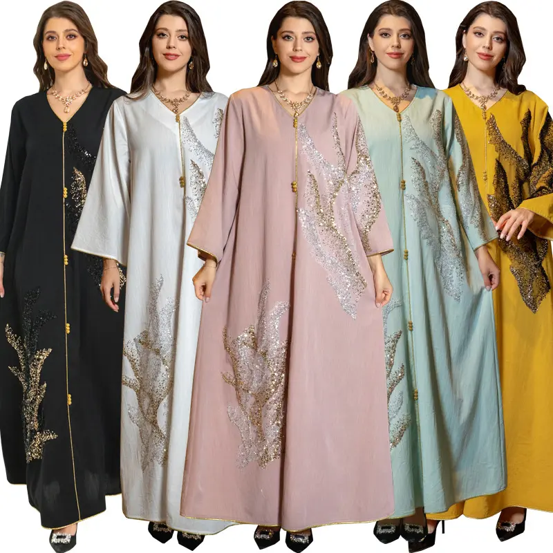 new season women islamic clothing abaya kaftan v-neck printed solid color muslim spring womens dress stylish abaya kaftan