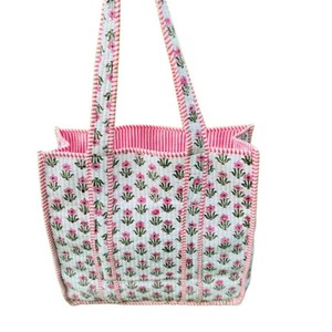 Bolsa de Mano de Algodón Acolchado, Hecha a Mano, Resistente, Ligera, Ecológica, Lavable, con Estampado de Bloques, Reversible, Abierta, para Primavera/Verano - Product Image 4
