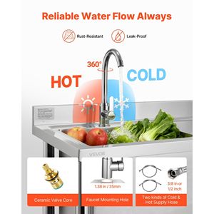 Lavello Commerciale Autoportante a Vasca Singola con Rubinetto da Cucina in Acciaio Inossidabile e Tubi per Acqua Calda e Fredda - Product Image 4