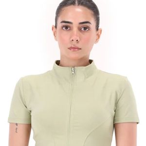 Haut ajusté vert clair à manches courtes et col montant pour femme, avec demi-fermeture éclair sur le devant, coupe slim, chemise décontractée basique extensible, vêtement de mode quotidien - Product Image 2