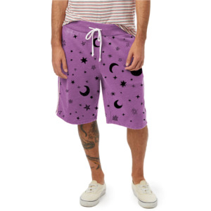Pantalones cortos Bermuda morados con estampado de estrellas y luna para hombre, pantalones cortos informales de algodón con cordón en la cintura media - Product Image 1