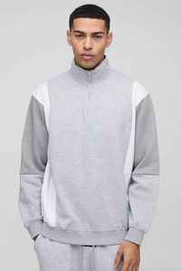 Sweat-shirt zippé gris et blanc pour homme, coupe oversize, col montant, style décontracté automne, tricoté à manches longues - Product Image 3