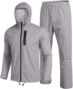 Men Solid PU Coating <b>Waterproof</b> Lightweight Outdoor Hooded Hiking Running Grey Color Rain <b>Spray</b> <b>Jacket</b> Pant Suit - Product Image 1