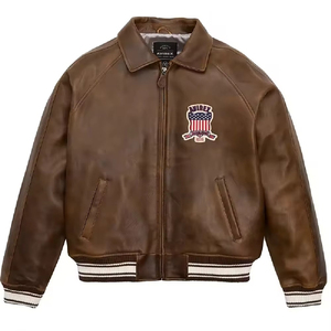 Unisex Brown Leather Bomber <b>Jacket</b> Embroidered Patch Design V-neck Collar Belt Closure <b>Heated</b> Thick Winter Hip Hop Style Private - Product Image 3