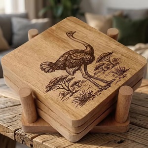 Juego de Posavasos Cuadrados de Madera con Diseño de Avestruz, Hechos a Mano, Antideslizantes, Acabado Natural, 10 cm de Diámetro - Product Image 1