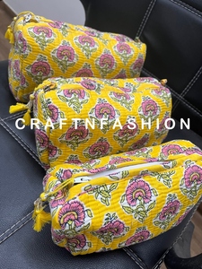 Cotton Quilted Floral Hand Block Print Toiletry <b>Bag</b> with Zip Closure Set of 3 Used as Cosmetic Travel Shaving Wash <b>Bags</b> Assorted - Product Image 2