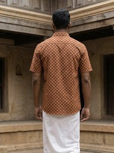 Handcrafted Men’s Rust Orange and Earthy Brown Checkered Cotton <b>Half</b>-Sleeve <b>Shirt</b> with Traditional Block Print Pattern - Product Image 4