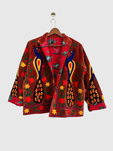 Veste en velours brodée à la main avec motif floral paon, manches longues, col châle, grande taille, vêtements d'hiver pour femmes - Product Image 1