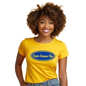 T-shirt jaune moutarde pour femme, motif ovale bleu marine, manches courtes, col rond, décontracté, en coton, mode estivale, vêtement léger - Product Image 1
