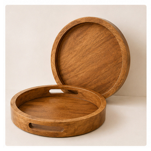 Plateau de service rond en bois de manguier artisanal de luxe avec imprimé floral vintage rose, organiseur de table pour café, thé et collations - Product Image 2