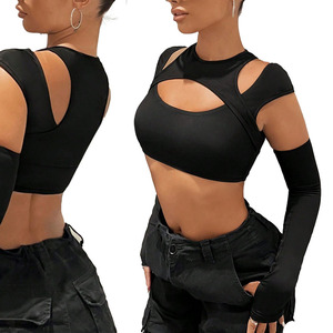Black Cutout Crop <b>Top</b> with Long Sleeves Women's Fashion Shirt Sexy Streetwear Casual Tee Custom Logo <b>Top</b> Quality women's shirt - Product Image 1