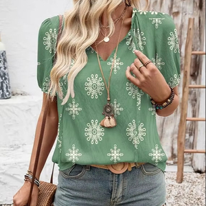 เสื้อผู้หญิงคอวีผูกเอวทรงชาวนา แขนพองหลวมๆ สไตล์ลำลอง เหมาะสำหรับใส่ไปเที่ยวทะเลช่วงฤดูร้อน - Product Image 1