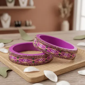 ชุดกำไลข้อมือ Lac สีชมพูมีลวดลายชุดเครื่องประดับ Lac สีชมพูสำหรับสะสมทางวัฒนธรรม2ชิ้น - Product Image 6