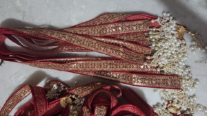 Premium <b>Red</b> Velvet Rajasthani Gota Patti Lace with Golden Zari Work and Pearl <b>Bead</b> Latkan Tassels for Bridal Wear Ethnic Dupatta - Product Image 2