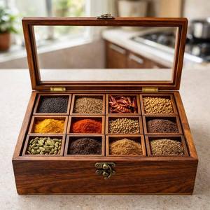 Wood Spice <b>Box</b> Organizer 12 Compartments Handmade Rustic Kitchen <b>Herb</b> Storage Container Durable Natural Wood Masala Spice Tools - Product Image 5