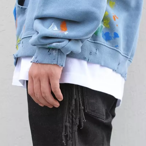เสื้อฮู้ดดี้ผู้ชายแบบสวมหัว ดีไซน์ขาดๆ สำหรับใส่เที่ยวข้างนอก สีพื้น สไตล์ไฮสตรีทแฟชั่น - Product Image 5