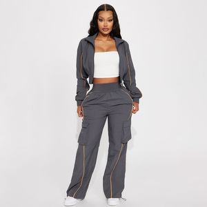 Conjunto Deportivo Gris para Mujer, Manga Larga, Cuello Camisero, Corte Holgado, Cintura Elástica, Color Sólido, Estilo Casual para Primavera - Product Image 1