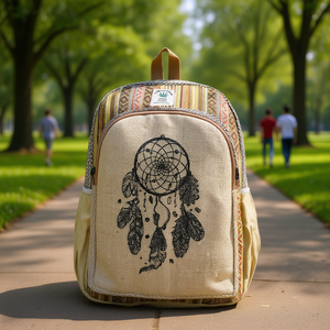 Mochila Bohemia Hecha a Mano en Nepal con Diseño de Atrapasueños, de Cáñamo y Algodón, con Cierre de Cremallera y Patrón Geométrico, Unisex, para Uso Diario - Product Image 3