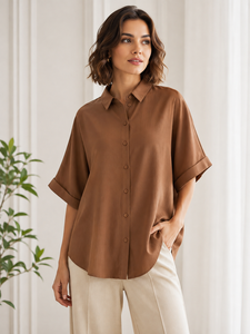 Wholesale <b>Women</b> Vintage <b>Brown</b> Casual Shirt Turn Collar Cuffed Short Sleeve Loose Blouse Office Work <b>Tops</b> Chiffon - Product Image 2