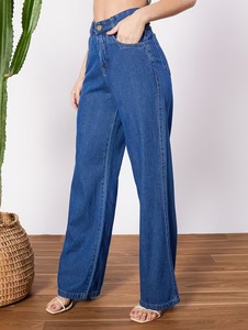 Jean en denim décontracté pour femme, coupe ample, taille mi-haute, jambe large, avec déchirures décoratives, en coton écologique, couleurs bleu/noir, Printemps/Été - Product Image 2