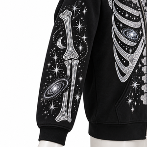 Gothic Skeleton Solid <b>Zip</b>-Up <b>Hoodie</b> Unisex Oversized Fit <b>Black</b> Hooded French Terry Windproof Autumn Wear Glitter Print - Product Image 4